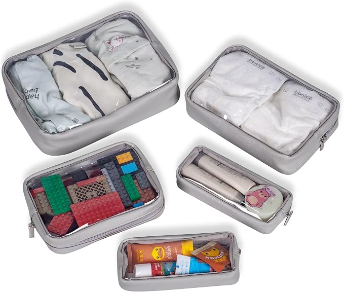 Remobia Hicol TSA Approved 5-Piece Diaper Bag Organizer Pouch Set Clear Waterproof TPU Kids Toiletry Storage Set Travel Packing Clutch Cube Bags for Baby Nursing (Light Gray) - Image 5