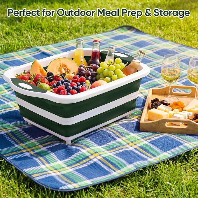 Collapsible BBQ Prep Tub with Lid, Foldable Camping Sink with Colander, Cutting Board, Dish Basin for Kitchen, Bowl, Vegetable and Fruit, Storage Basket for Picnic-Green - Image 7