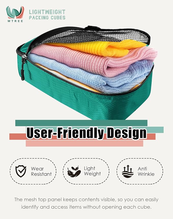 WTREE 4-Piece Packing Cubes Travel Accessories Set for Suitcases - Luggage Organizer Bags with Double Zipper - Mesh Top - Small/Medium/Large/Slim - Green - Image 3