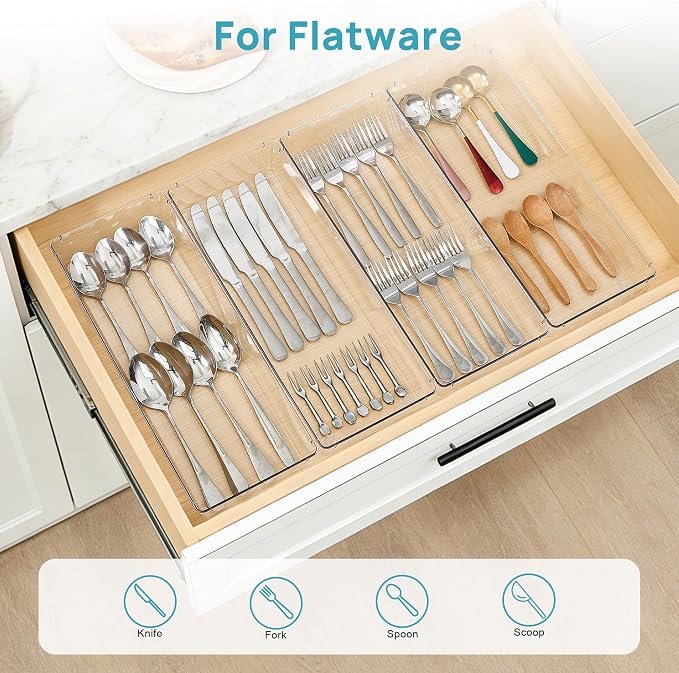 Vtopmart 4 Pack Clear Kitchen Drawer Organizer, 15x6 Inch Utensil Tray | Silverware Organizer Trays for Flatware, Cutlery and Kitchen Utensils, Large Clear Bins Create a Neat and Organized Drawer - Image 5