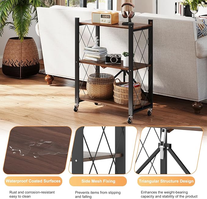 3 Tier Vintage Multifunctional Folding Shelf with Wheels | Portable Heavy Duty Storage Shelving, No-Assembly Metal Collapsible Rack Unit for Kitchen, Office, Bedroom, Rustic Brown - Image 5