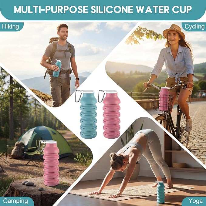 LemonRoad 2 Pcs 20 oz Portable Collapsible Water Bottles Reusable Silicone Foldable Water Bottle Lightweight Leakproof Expandable for Gym Traveling Camping Hiking Sports (Pink,Teal Blue) - Image 6