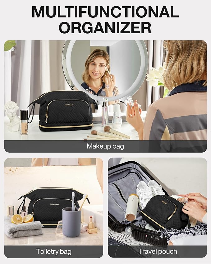 BAGSMART Travel Makeup Bag, Cosmetic Bag Make Up Organizer Case, Large Wide-open Pouch for Women Double Layers Purse for Toiletries Accessories Brushes Black - Image 4