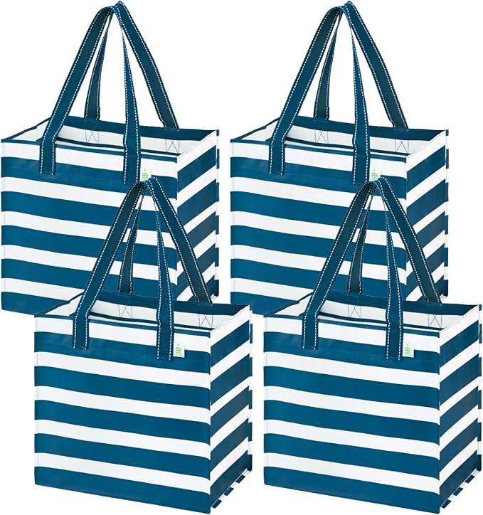 VENO 4 Pack Large Grocery Bag Reusable Shopping Bags with Hard Bottom | Utility Tote w/ Reinforced Handles, Heavy Duty, Foldable, Stand Upright, for Groceries Shopping Cart(Classic Navy Stripe) by Veno