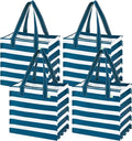 VENO 4 Pack Large Grocery Bag Reusable Shopping Bags with Hard Bottom | Utility Tote w/ Reinforced Handles, Heavy Duty, Foldable, Stand Upright, for Groceries Shopping Cart(Classic Navy Stripe) by Veno