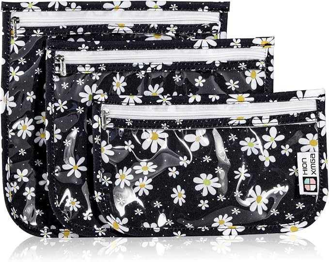 HIONXMGA Set of 3 Clear Travel Toiletry Bag, TSA Approved, Quart Size S/M/L | Clear Front Zipper Pouches Waterproof Cosmetics Bags for Women Kids Toiletries Baby Essentials Well-Organized Carry, Petals by HIONXMGA