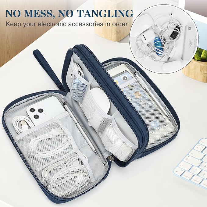 FYY Electronic Organizer, Travel Tech Pouch Bag, Large, Navy | Wrist Strap, Waterproof, Double Layers Portable Electronics Travel Carrying Case for Cord, Charger, Daily Business Trips Use - Image 5
