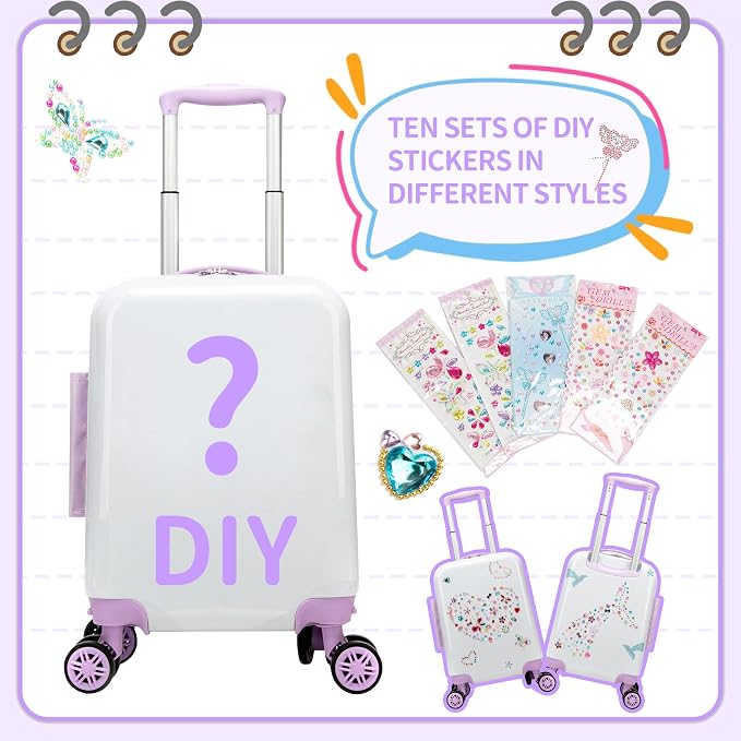 Kids Luggage Sets Suitcase Set with Travel Pillow for Girls 10 Sheets Gem Stickers Small Suitcase with Wheels Hardshell Carry on Luggage for Airplane Travel Essential DIY Styles Purple - Image 3