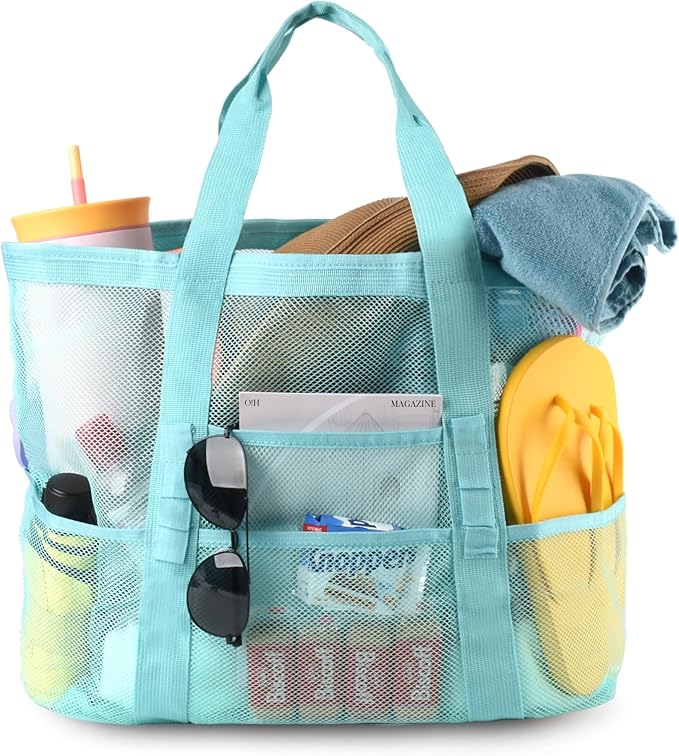 Genteen 40L Mesh Beach Bag, Foldable Sandproof Tote with Waterproof Pocket Quick Dry for Women Family Pool Vacation by Genteen