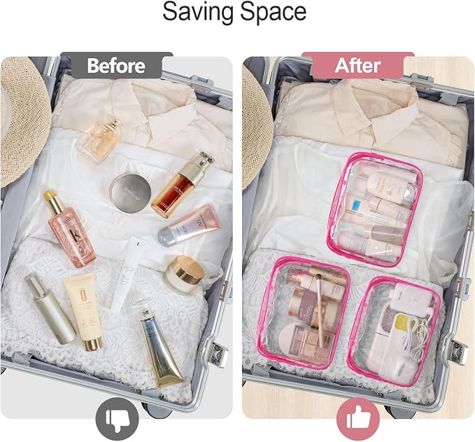 Clear Makeup Bag for Travel - TSA Approved Toiletry Bag, 2 Rose Red | 1 Medium Quart Carry-On & 1 Large Checked-Luggage, Reinforced Seams, Water-resistant, Clear Easy-Check for Airport, Women - Image 7