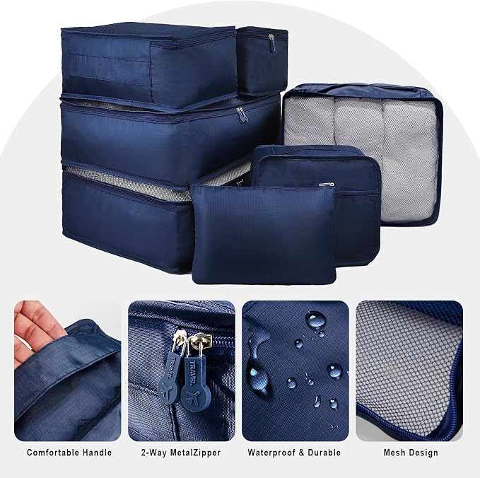 Vercord 7 Set Travel Packing Organizers Cubes Luggage Suitcase Organizer Bags Clothes Underwear Cube Shoe Pouch Pack Dark Blue - Image 4