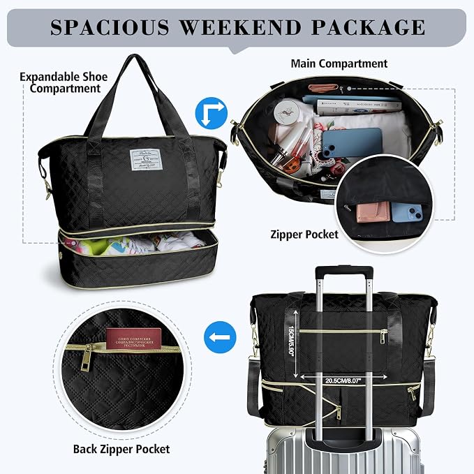 Geestock Travel Duffle Bag - Weekender Overnight Bags for Women, Black | Travel Bag with Expandable Shoe Compartment & Trolley Sleeve, Lightweight Carry On Bag with Drawstring Storage Pouch for Trip - Image 6