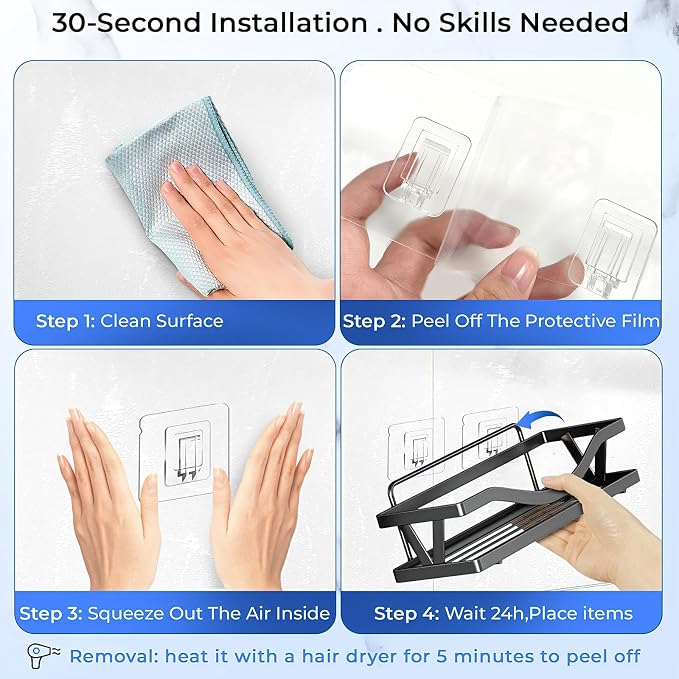 Shower Caddy Adhesive Replacement Hooks, Heavy Duty Waterproof Strips, No Drilling for Bathroom Shelves, Kitchen Racks, and Soap Holders (Transparent-14 Pack 1 Hook) - Image 7