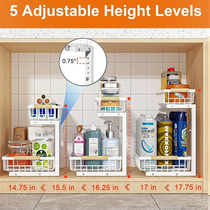 Under Sink Organizer, Height Adjustable Under Sink Organizers and Storage, 2 Tier Pull Out Drawer Cabinet Storage for Kitchen Bathroom, 1 Pack, White | cabinet organizer, 5 level adjustable, quiet sliding rails, dual suction and nano tape, no drill, ru... - Image 5