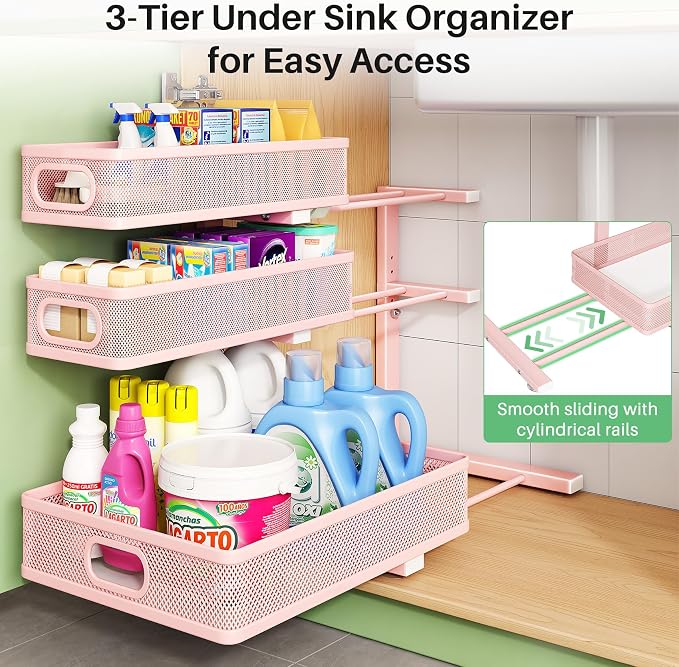 Kitstorack Under Sink Organizer, 2-Pack 3-Tier Height Adjustable Thickened Metal Pull out Cabinet Organizer Shelf, Slide out Storage Drawer Rack for Bathroom Kitchen Pantry Home Organization, Pink - Image 5