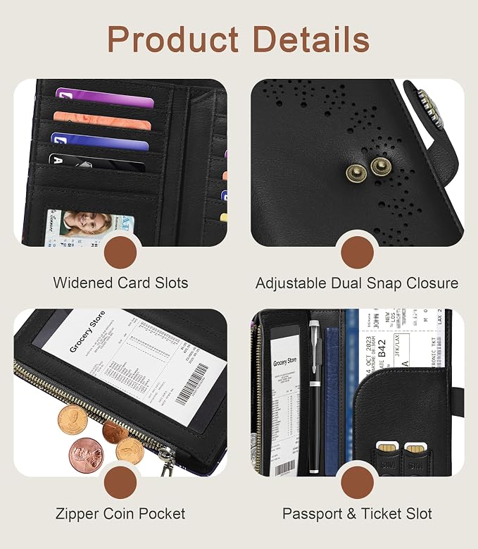 Black Wallet Women RFID Bifold, Passport Holder Credit Card Holder | 6.7" x 4.4" x 1.3" Travel billfold, Zipper Coin Pocket, PU Leather Clutch, Purse, ID Window, Pen Holder, Gift for Ladies Girl - Image 6