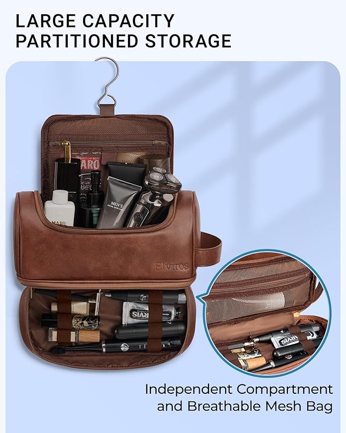 Elviros Toiletry Bag for Men PU Leather Shaving Dopp Kit (Dark Brown) | Water-Resistant Travel Organizer with Hanging Hook for Toiletries, Shaving Tools, Grooming Items, and Men’s Gifts - Image 3