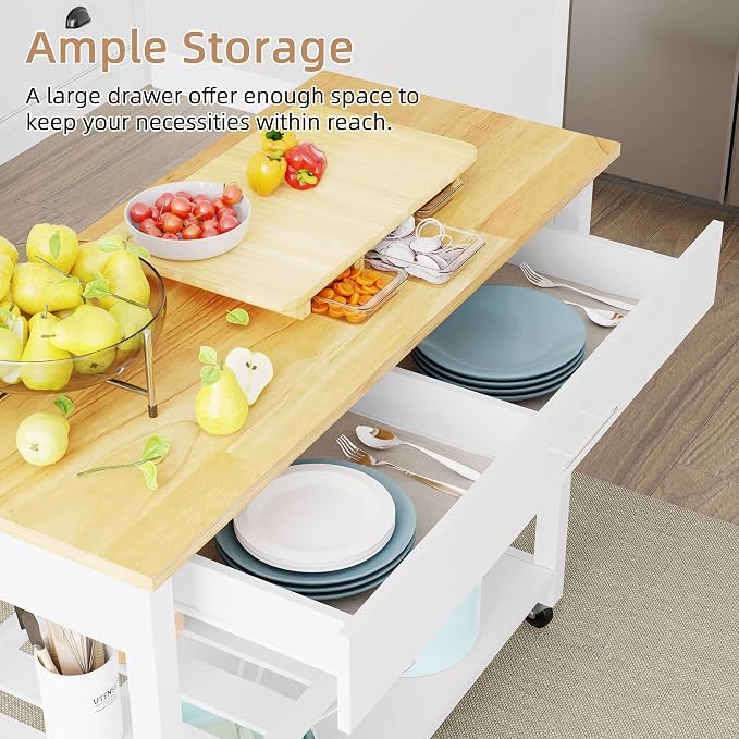 Shintenchi Kitchen Island Cart with Storage,Rolling Kitchen Island Side Table on Wheels with Large Worktop,Storage Cabinet,Towel Rack,Drawers and Open Shelves for Kitchen,Dinning Room,White - Image 3