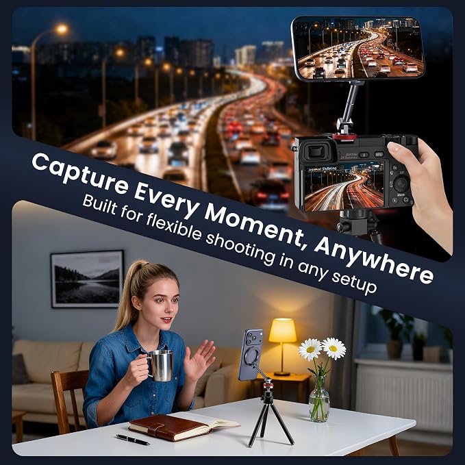 Itramax Magnet Camera Phone Mount Tripod Holder with Cold Shoe Adapter | Metal Hot Shoe Phone Attachment for iPhone Air 17 16,Camera Cage & Monitoring,Stabilizer,360° Rotatable 1/4 Cell Phone Mount - Image 6