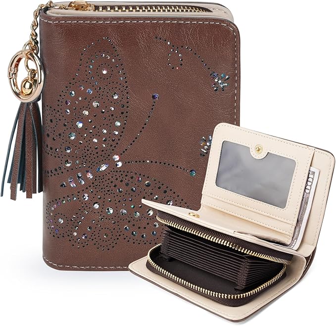 KITEVIUN Women RFID Blocking Small Bifold Wallet, Compact Cash Clutch with Zipper Coin Pocket, Glittery Butterfly Design, Credit Card Holder, Travel Purse with Tassel COFFEE by KITEVIUN