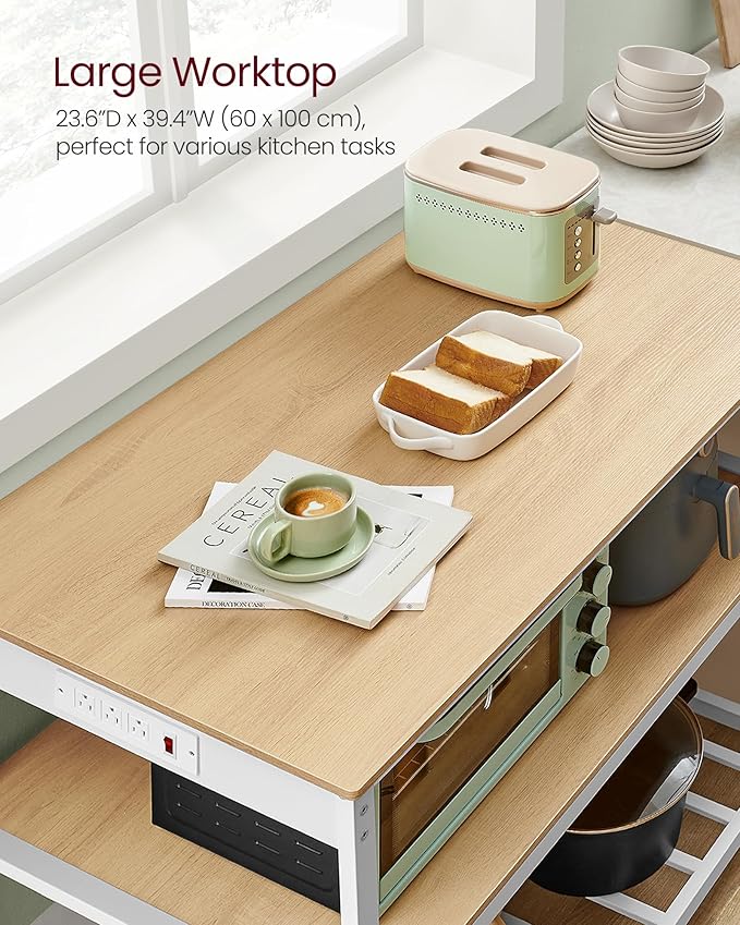 VASAGLE Kitchen Island with 3 Shelves, Kitchen Shelf with Power Strip, 23.6 x 39.4 x 34.9 Inches, Large Worktop, Steel Structure, Industrial, Easy to Assemble, Oak Color and White UKKI105Y01 - Image 6
