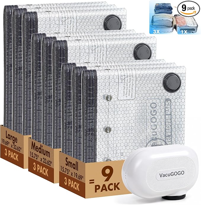 Vacuum Bags for Travel with Rechargeable Pump, 9 Pack Compression Packing Bags with 35KPA Electric Pump, 80% Space Saver for Clothes, Vacuum Seal Bags fo Carry-on Luggage Suitcase by Unknown