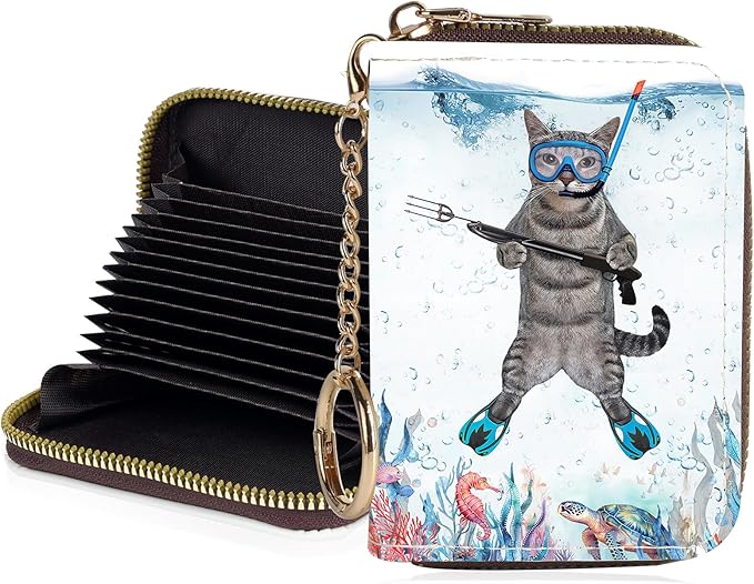 Credit Card Holder for Women,Small Rfid Wallet with Keychain Zipper,Cute PU Leather Card Case Wallet，Accordion Credit Card Wallets Gift,Diving Cat by Unknown