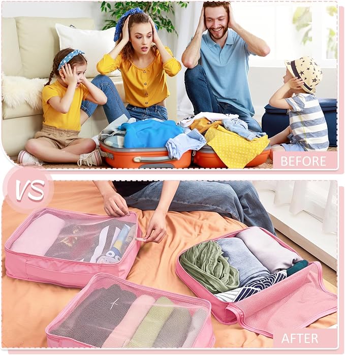 Silkfly 8 Pcs XL Packing Cube for Travel Luggage,Simple,Pink | 17.7 x 13 x 4.7, Same Size, Pink Suitcase Storage Organizer Set, Reusable Mesh Clothes Cube for Hiking Camp Family Accessory - Image 5