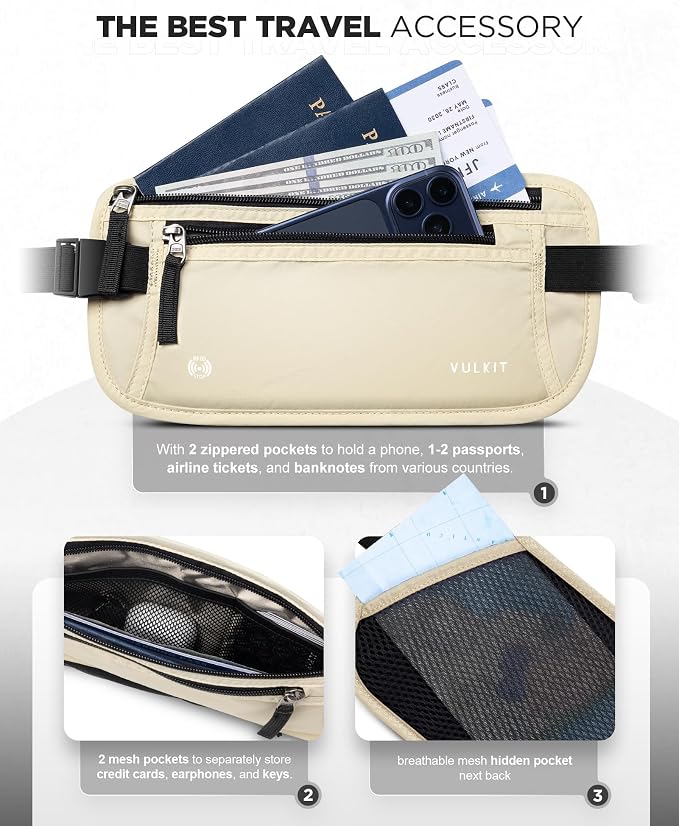 VULKIT Money Belt for Travel, Hidden Passport Holder, Anti-Theft Travel Wallet Under Clothes, RFID Blocking Waist Pouch, Undercover Fanny Pack, Cream White - Image 3