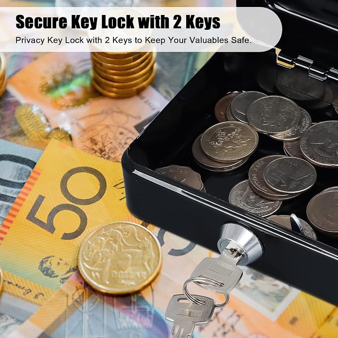 KYODOLED Small Cash Box, Key Lock Metal Storage Box with 2 Keys & Portable Handle, Safe Cash Drawer, 5.91"x 4.72"x 3.15", Black - Image 4