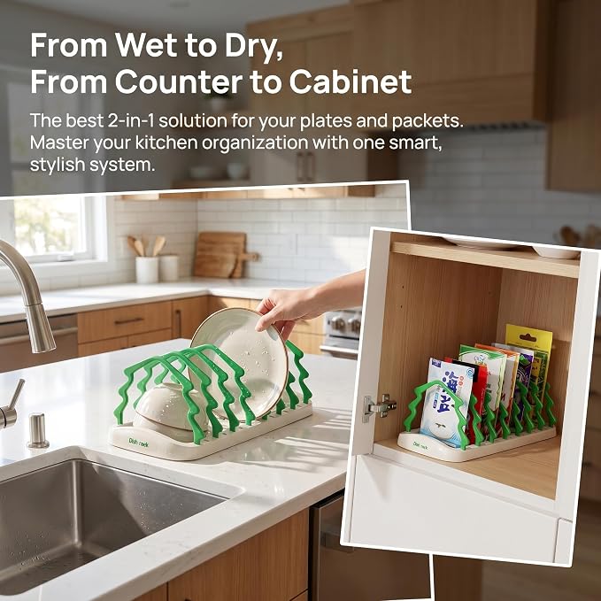 2 Pack Adjustable Plate Organizer for Cabinet, Vertical Dish Organizer | Space-Saving Kitchen Cabinet Storage for Plates, Bowls & Seasoning Packets, Adjustable Dividers for Small Kitchens & RVs - Image 8