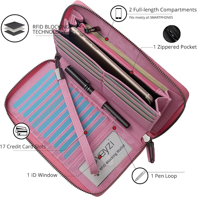Bveyzi Women RFID Blocking Wallet Leather Zip Around Phone Clutch Large Capacity Ladies Travel Purse Wristlet - Image 2