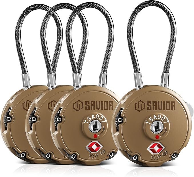 Savior Equipment Quality TSA-Approved 3-Digit Combination Cable Travel Luggage Locks for Rifle Bag Firearm Gun Case Accessories Ammo Boxes Outdoor Storage, RAL 8000 Tan, 4-Pack by SaviorEquipment