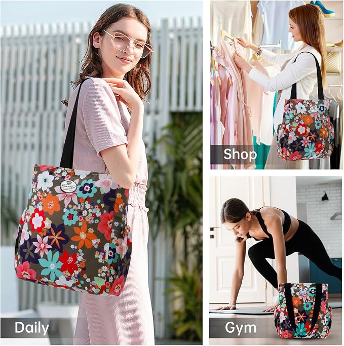 HUA ANGEL Floral Tote Bag - Casual Shoulder Bag Daily Tote Bag with Zipper Gym Travel Shopping Work Handbag for Women - Image 2