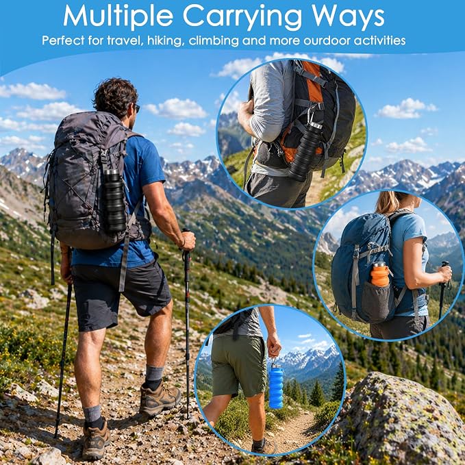 4 Pack Collapsible Water Bottles, 16oz Portable Reusable Silicone Water Bottle, Foldable Water Bottles for Travel Gym Camping Hiking, Leak Proof Sports Water Bottle with Carabiner (Bright Color) - Image 6