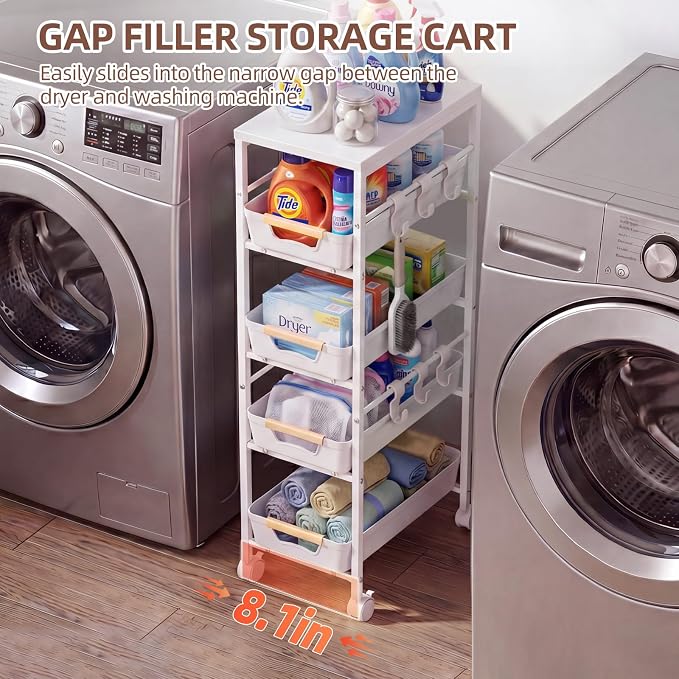 5 Tier Slim Rolling Storage Cart with Pull-Out Drawers, White | Narrow Utility Organizer Cart, Wooden Top, Wheels, For Small Spaces, Kitchen, Bathroom, Laundry Room - Image 4