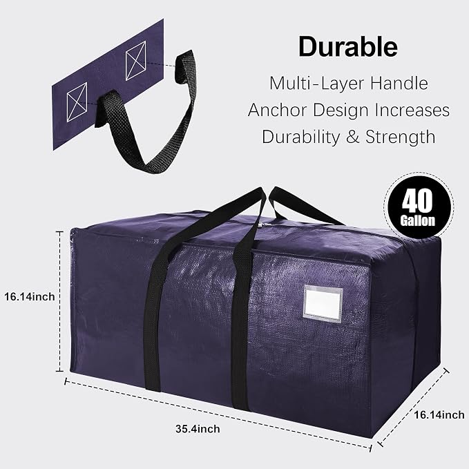 6 Pack Heavy Duty Extra Large Moving Bags W/Backpack Straps - Strong Handles & Zippers, Storage Totes For Space Saving, Fold Flat, Alternative to Box and Bin (40 gal, Blue) - Image 2