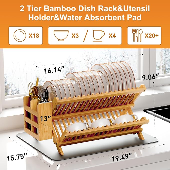 Greenual Bamboo Dish Drying Rack with Utensil Holder, 2 Tier Collapsible Dish Rack, Wooden Dish Racks for Kitchen Counter, Folding Drying Holder with Absorbent Dish Drying Mat - Image 2