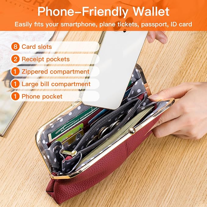 Genuine Leather Long Kiss Lock Wallet for Women – RFID Blocking Handheld Clutch Purse with 8 Card Slots, Money Clip, Zipper Coin Pocket for Travel, Work, Everyday Use – Gift for Her (Black) - Image 3