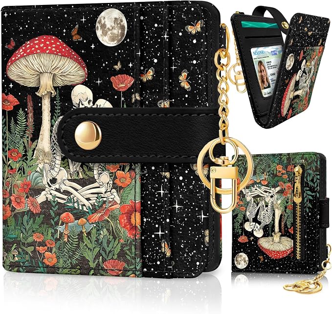 Jogjam Mushroom Rfid Women Wallet, Small Slim Thin Credit Card Holder | PU Leather Bifold Cash Zipper Coin Pocket ID Window, for Female Ladies Teen Girls Girly Gifts by Jogjam