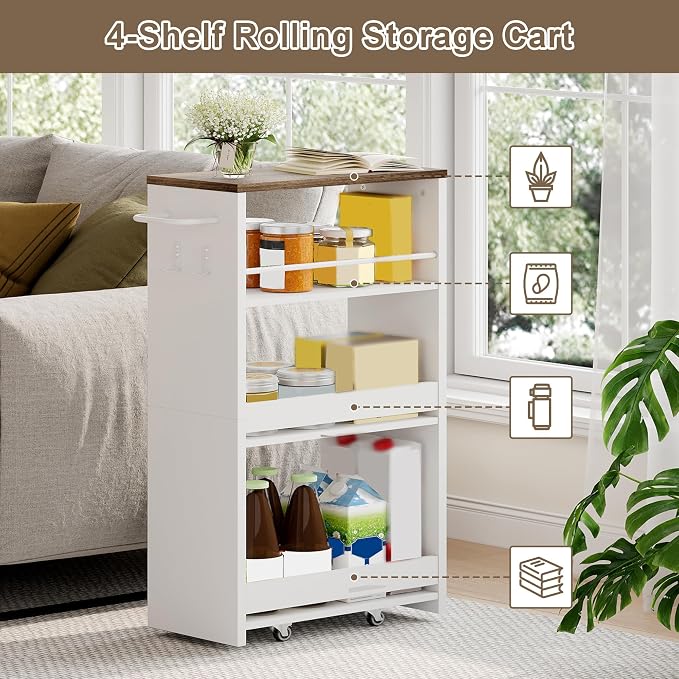 ChooChoo 4-Tier Slim Storage Cart, 7.87 inches Wide Narrow Storage Cabinet with 360° Wheels and 2 Hooks, Space-Saving Organizer for Kitchen, Narrow Places, Dining Room, Walnut+White - Image 3