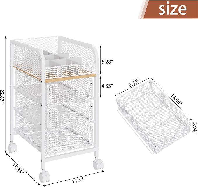 Rolling Makeup Cart Organizer with 3 Drawers, 4-Tier Narrow Floor Skincare Organizers with dividers, Vanity Organizer Cosmetics Display Cases for Makeup Brush, Hair Tool, White - Image 5