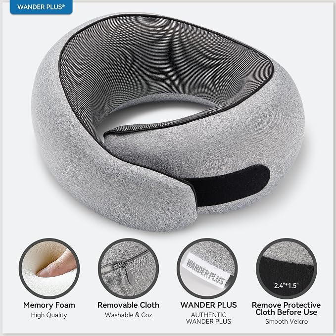 WANDER PLUS® Travel Pillow, 100% Pure Memory Foam Travel Neck Pillow Airplane Neck Support Ergonomic Design Best for Sleeping Plane Car Train Office Flight for Adults Grey - Image 3