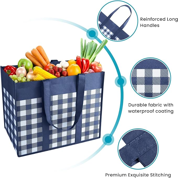 WOWBOX Reusable Grocery Bags,10-Pack, Foldable Reusable Shopping Tote Bags bulk with Reinforced Handles,Large Storage Bags with Water Resistant Coating for Groceries,Multipurpose,Blue-White - Image 5