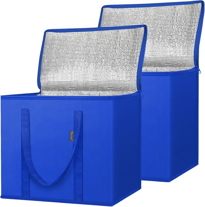 BALEINE 2Pk Insulated Reusable Grocery Bags, Collapsible Cooler Bag for Groceries, Heavy Duty Large Insulated Bag (16''x9''x13'', Midnight Blue) by BALEINE