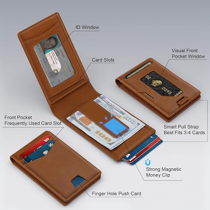 Slim Genuine Leather Wallet: Thin RFID Wallet 12+ Card Hold | Top Grain Leather Wallet with Magnetic Money Clip Inside - Minimalist Front Pocket Wallets - Gifts for Men with Gift Box - Image 2