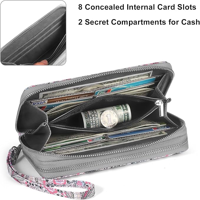 RFID Blocking Cellphone Wallet for Women with Wrist Strap, Double Zipper Travel Clutch Purse Large Capacity, Fissidens Flower - Image 4