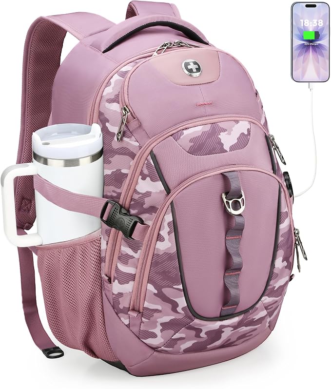 Swissdigital Design Laptop Backpack with USB Charging Port, Travel Backpack Fits 15.6 inches Computer, 31L College School Backpack for Men, Pink Camo | SD803-93 by SwissdigitalDesign