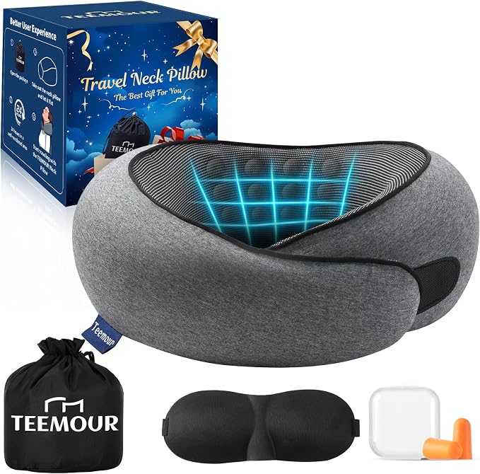 Travel Pillow Memory Foam Neck Pillow for Airplanes Long Flight Comfort 360° Support Airplane Pillow Design for Car Rides, and Home Use Travel Essentials, with Eye Mask, Earplugs and Storage Bag Large by Teemour