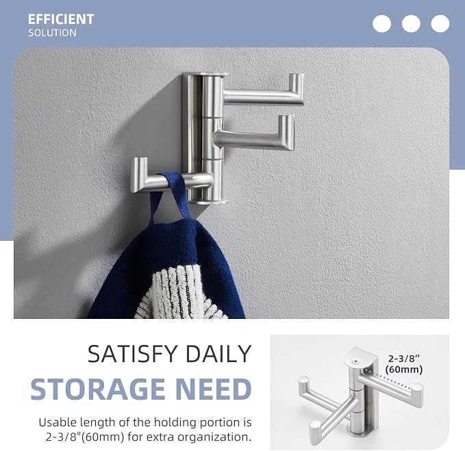 Angle Simple Swivel Towel Hook 3 Arms, Robe Coat Wall Hook, Brushed Nickel | Solid SUS304 Stainless Steel, Hand Towel Holder for Bathroom Shower Kitchen, Fold Flush to the Wall, Screws Mounted - Image 5